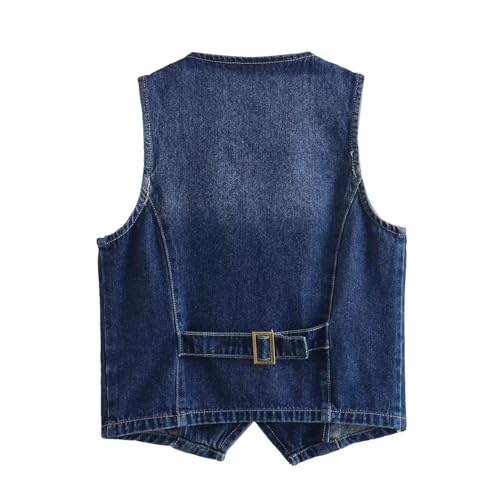 Women's Classic V-Neck Button Front Denim Waistcoat, Adjustable-Back Vest2
