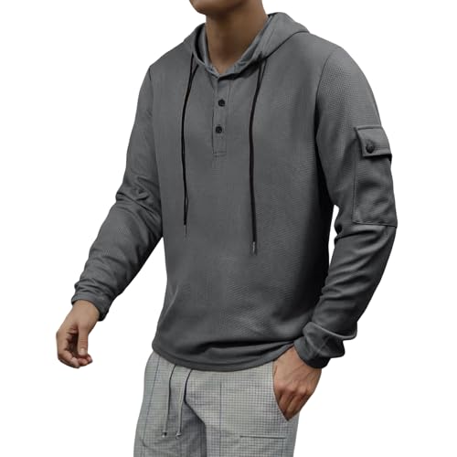 Men's Quarter Button Waffle Knit Hoodie Oversized Long Sleeve Drawstring Pullover Comfort Fit Top