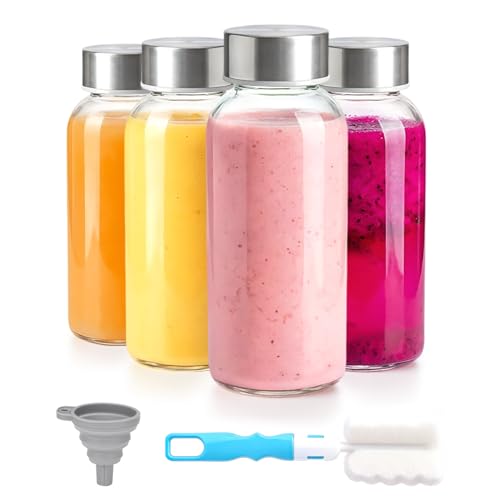 Image of Zukro 8 oz Cear Glass Juice Bottles with Lids, Leak Proof & Fridge Safe | Reusable Small Water Bottles With Stainless Steel Cap for Juicing, Ginger Shot, Milk, Smoothie Container, BPA Free, Set of 4