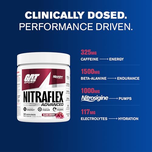 Image of GAT SPORT Nitraflex Advanced Pre-Workout Powder - Energy Drink Mix - Supports Healthy Blood Flow - Boosts Strength & Energy - Creatine-Free - 30 Servings - Black Cherry