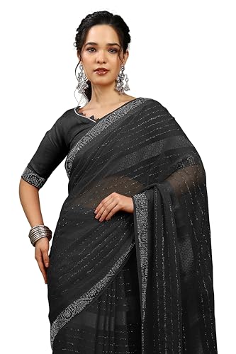 Image of MIRCHI FASHION Saree for Woman Georgette Solid with Satin Stripes | Stone Border Farewell and Ceremonial Sari with Blouse Piece