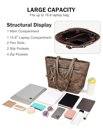 FADEON Quilted Tote Bag for Women Designer Laptop Tote Bag 15.6-Inch Large Laptop Purse Faux Leather Shoulder Handbag4