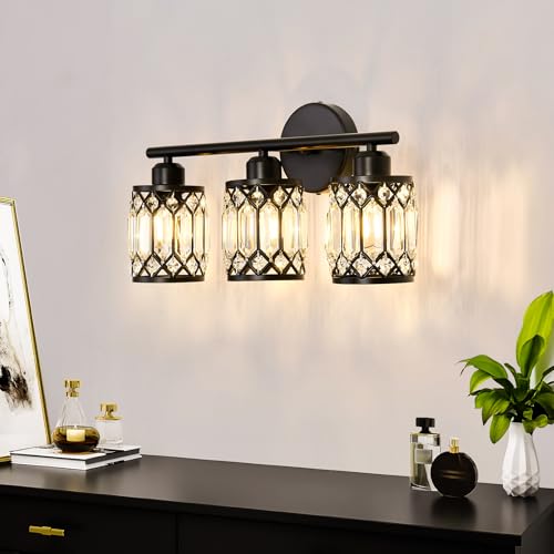 Image of CVKASH 3 Light Bathroom Vanity Light Fixture Over Mirror Black Vintage Vanity Lights with Glass Shade Farmhouse Wall Sceonce for Bedroom Dressing Room Living Room Hallway Cabinet
