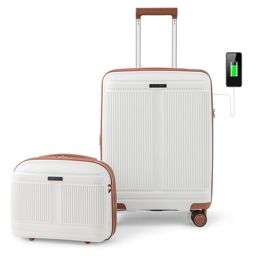 COSTWAY 2-Piece Cabin Luggage Set, Lightweight 20 Inch Carry-on Suitcase with 14” Cosmetic Case, TSA Lock, USB Port & Spinner Wheels, Airline Approved Expandable Trolley Luggage Travel Case (White)
