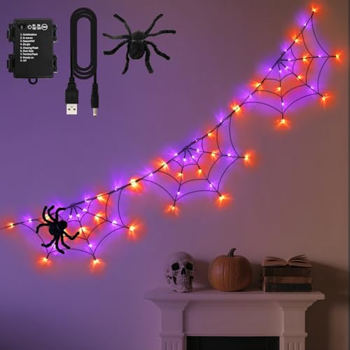 FFZZKJ Halloween Decorations Spider Web Lights 6FT 60LED Battery Operated/USB Powered with Black Spider with Timer 8 Modes Indoor Outdoor for Halloween Decor Orange&Purple