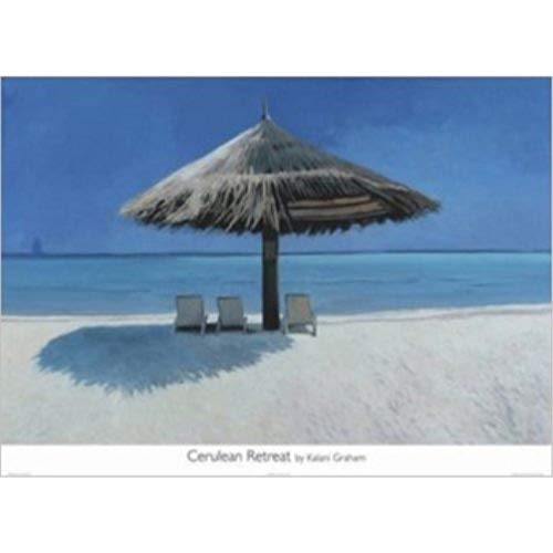 Cerulean Retreat by Kalani Graham 36x26 Art Print Poster Coastal Tropical Beach Blue Waters and Sky Straw Umbrella