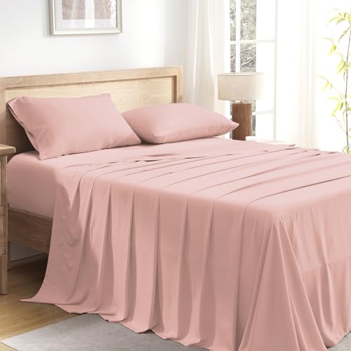 Image of Andency Blush Queen Sheets Set 100% Viscose Derived from Bamboo | Cooling Summer Sheets, Deep Pocket Up to 16 inch, Silky Soft Hotel Luxury Breathable Bedding Sheets & Pillowcases