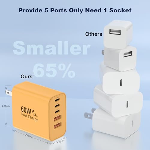 60W USB C Charger Block, Versatile iPhone Charger, Yellow (1 Pack) | 5 Ports PD 3.0 25W Single Max Fast Charger, QC 2A USB Wall Charger for iPhone Duo 18 17 16 15 14 13 12 11 Pro Max, iPad, iPod - image 5