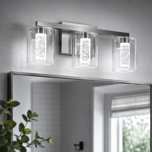 Image of 3-Light LED Vanity Light Fixtures for Bathroom,Brushed Nickel | Bathroom Light Fixtures Over Mirror, 3 Color Lighting, Crystal Bubble Glass & Clear Glass Shade, Modern Vanity Light