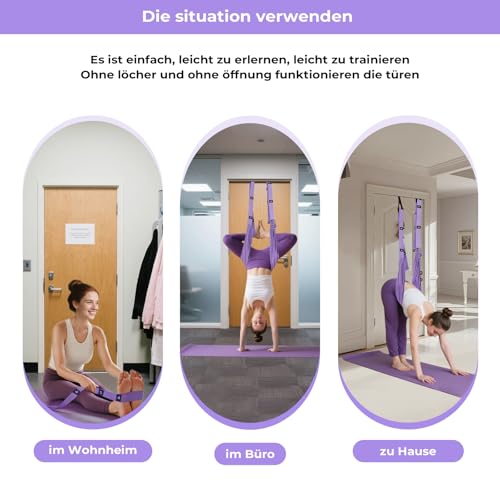 [Domial] Yoga Schaukel für die Tür (Ohne Bohren) - Yogatuch zum Aufhängen, Aerial Yoga Tuch für Anfänger & Dehnungsband - Verstellbares Turnband für Stretching, Pilates & Spagat Lila