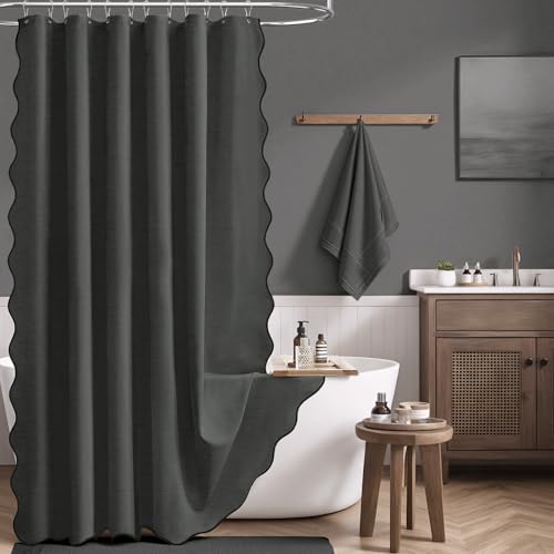 BTTN Charcoal Grey Scalloped Shower Curtain Linen Textured Thick Fabric Shower Curtain Set with 12 Plastic Hooks Rustic Farmhouse Waterproof Shower Curtains with Black Edge for Bathroom 72x72 Gray