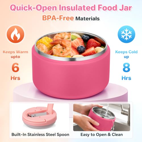 Image of Bento Lunch Box with 8oz Soup Thermo,Kids Leakproof 4 Compartment Lunch Food Containers with Sauce Cup and Ice Pack,Kids Thermo Insulated Hot Food Jar and Lunch Bag for School,Trvael-Pink