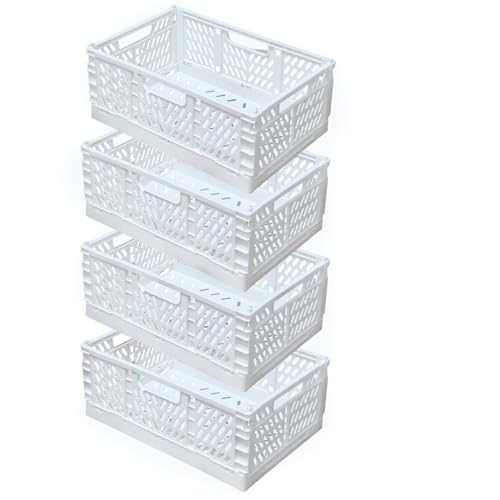 EURXLQ 4 Cestino Portaoggetti Pieghevole e Impilabile, Cassette in Plastica per La Cucina, Bagno, Ufficio (Bianco, 30×20×12cm)