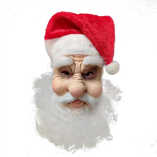 Ginoba Christmas Santa Claus Mask for Party Dressing Up Realistic Latex Mask With Red Santa Hat and Beard Overhead