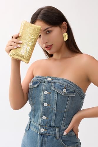 Image of Fashion Women's Evening Bags, Gold Silk Luxury Handbags with Chain Stylish Purses for Wedding Party
