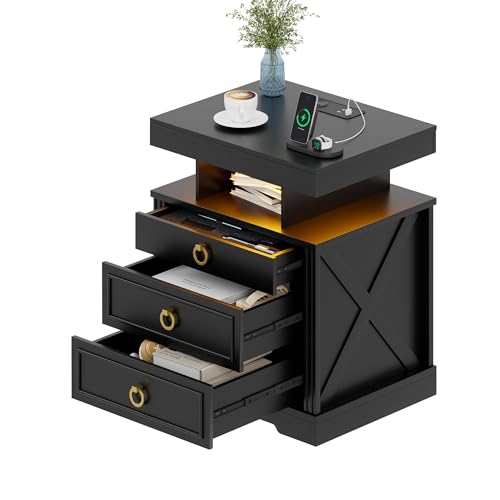 MDGC Nightstand with Gun Drawer,LED Bedside Table with Charging Station,Night