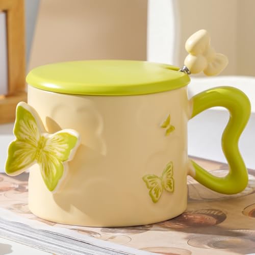 Disoza Taza de Café Mariposa de Porcelana 355 ml Verde miniatura 1