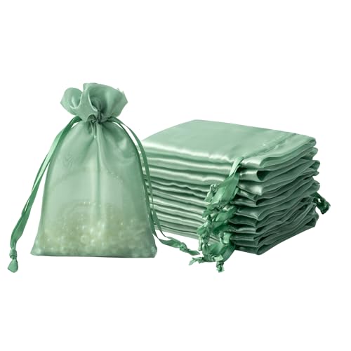 Image of QIANF 20 Pcs Sage Green Small Organza Bags 4X6 inch for Wedding Favors with Drawstring, Mini Mesh Gift Bags Jewelry Pouch for Candy Bridal Shower Party Favor Baby Shower Christmas