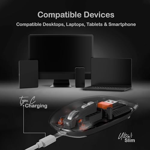 Image of GEONIX Crystal Rechargeable Wireless Mouse, Dual Mode (2.4GHz + BT), Dual Bluetooth, Noiseless, Ultra Slim, 5 Buttons, Adjustable Upto 2400 DPI for MacOS, Desktop, Laptop (Black Base)