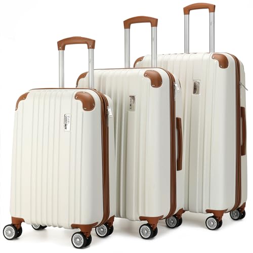 Miami CarryOn Collins 3 Piece Expandable Retro Luggage Set, Durable Lightweight PC-ABS Shell, Double Spinner Wheels (White)