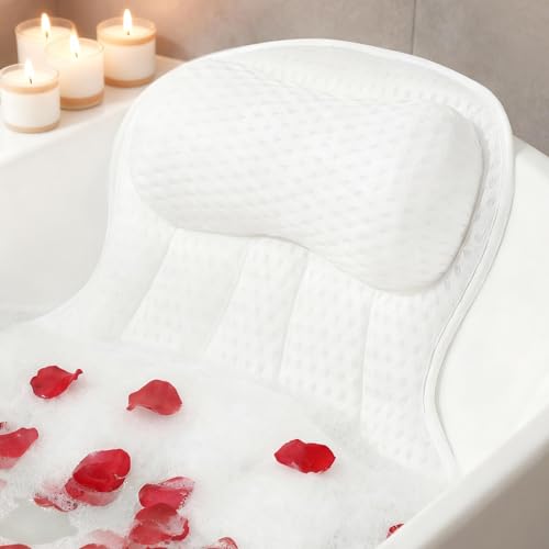 AmazeFan Luxury Bath Pillow,Ergonomic Bathtub Spa Pillow with 4D Air Mesh Technology and 6 Suction Cups,Helps Support Head,Back and Neck,Fits All Bathtub,Hot Tub and Home Spa (US Patent) (White)