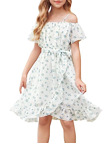 Girls Floral Dress Off Shoulder with Adjustable Strap Chiffon Casual Butterfly Short Sleeve Girls Summer Dress