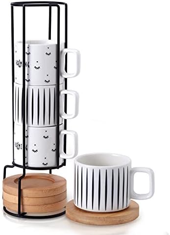 SIDUCAL Porcelain Espresso Cup with Saucer and Metal Stand, 4 Ounce Stackable Ceramic Demitasse Espresso Mugs Cups Set for Latte,Coffee,Cafe Mocha,Tea (Set of 4)