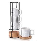 SIDUCAL Porcelain Espresso Cup with Saucer and Metal Stand, 4 Ounce Stackable Ceramic Demitasse Espr