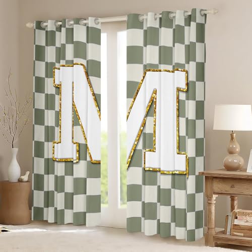 Image of Erosebridal Sage Green Checkered Window Drapes Plaid Initial M Blackout Curtains 38 inch Wx45 L Personalized Monogram Curtains for Bedroom Living Room,Grids Gingham Window Treatments 2 Panels