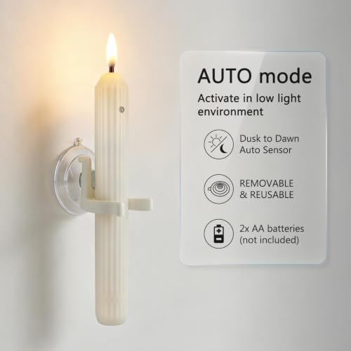 Image of 12 Flameless Led Taper Windows Candles with Sensor Dusk to Dawn & Ivory Striped Candlesticks with Suction Cups, Roman Column Christmas Window Candle Battery Operated for Home Decor