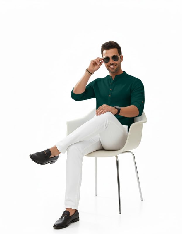 Image of Macsivo Men's Cotton Blend Solid Short Kurta with Regular Lenth Mandarin Neck Full Sleeves and roll-up tab| Kurta Style Shirt for Men
