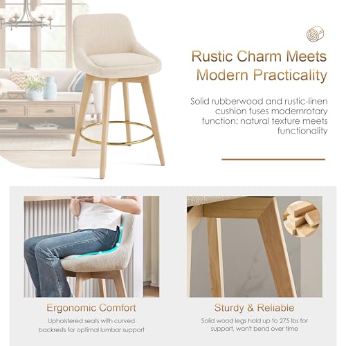 Image of Zesthouse Swivel Counter Height Stools Set of 4, 26 inch Wooden Barstools with Back & Solid Wood Legs, Modern Upholstered Bar Stools for Kitchen Island, Beige Linen Fabric Counter Height Chairs