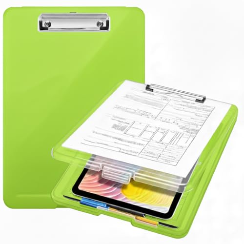 Image of Yajnas A4 Size Clipboard with Storage Box | 180 Foldable Exam Pad & Writing Board | Heavy Duty Plastic File Folder with Pen Holder & Paper Storage for Students, Office & Field Use (Parrot Green)
