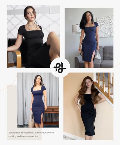 Popilush Summer Cocktail Midi Dresses for Women Shapewear Bodycon Short Sleeve Square Neck Dress2