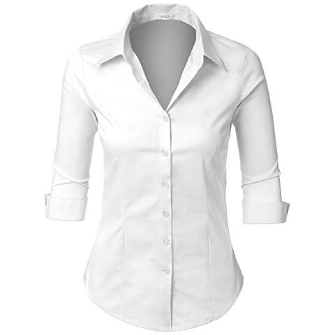 LE3NO Womens Roll Up 3/4 Sleeve Button Down Shirt with Stretch, L3NWT574A_WHITE, X-Large Cover