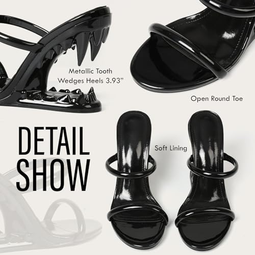 Image of Goiphrri Wedge Sandals for Women Strappy Heels Round Open Toe Heels Metallic Shark Tiger Teeth heeled Sandals Flip Flops Thong Womens Mules Slip on Party Dress Wedding Ceremony