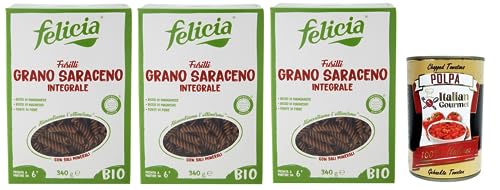 3 x Felicia Fusilli di Grano Saraceno Integrale,Pasta con trigo sarraceno 100% orgánico, orgánico y natural sin gluten, paquete de 340 g + lata italiana Gourmet Polpa di Pomodoro de 400 g