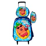 Kit Mochila da Capybara de Férias em 3D com Rodinhas + Lancheira Térmica + Estojo Escolar Infantil da Capivara em Alto Relevo Menino