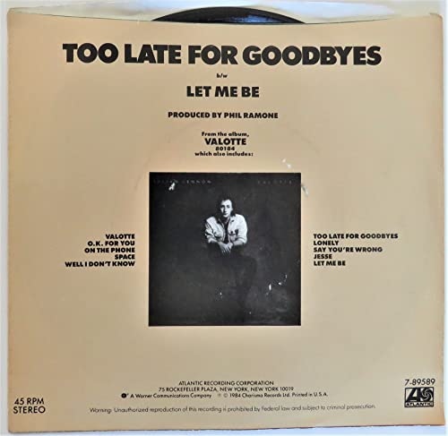 JULIAN LENNON 45 RPM Too Late For Goodbyes / Let Me Be - Les Beatles, Paul McCartney, John Lennon, RIngo Starr, George Harrison JULIAN LENNON 45 RPM Too Late For Goodbyes / Let Me Be – Image 3