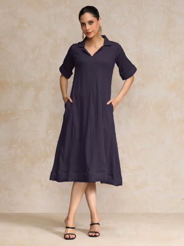 Image of Varanga Women Beige A -line Calf Length Dress Featuring Classic Shirt Collar and Short Sleeves which offering Comfort and Ease