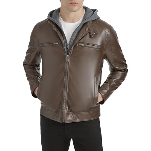 Image of Kenneth Cole Men's Faux Leather Moto With Jersey Attached Hood