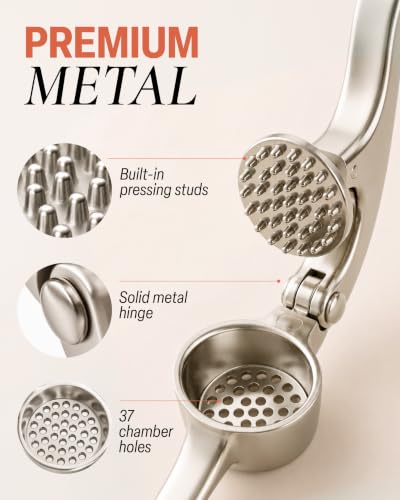 Image of Zulay Kitchen Premium Garlic Press Set - Rust Proof Professional Garlic Mincer Tool - Easy-Squeeze, Easy-Clean with Soft, Ergonomic Handle - Silicone Garlic Peeler & Brush (Silver)