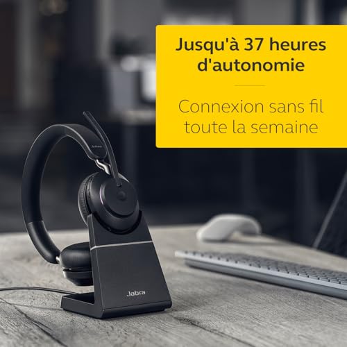 Jabra Evolve2 65 Casque PC Sans Fil avec Station de Charge - Casque Audio Certifié Microsoft Teams avec Batterie Longue Durée - Adaptateur Bluetooth USB-A - Noir