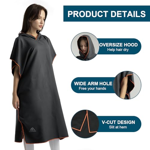 Flintronic Mikrofaser Poncho, 110 * 80cm Quick Dry Badehandtuch Mit Kapuze, Lang Umkleidehilfe für Herren Damen, Ideal zum Strand, Brandung, Surfen, Sauna - Schwarz
