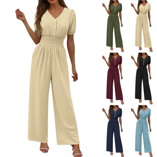 Image of HGps8w Jumpsuits for Women Dressy 2026 Summer Button Front V Neck Puff Sleeve Elegant Wide Leg Pants One Piece Romper