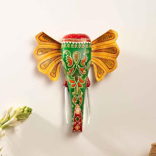 Image of ATRANGI STUDIO Handpainted Wooden Elephant Wall Decor | Ethnic Wooden Wall Art | Symbol of Strength & Wisdom | Wall Hanging for Home, Corridor & Balcony | Ready to Hang | 11 Inch, Green