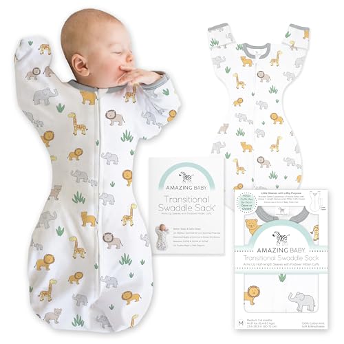 Image of Amazing Baby Transitional Swaddle Sack, Arms Up Half-Length Sleeves & Mitten Cuffs, Swaddle for Newborn Transition to Baby Sleep Sack Wearable Blanket, Medium, 3-6 Month, 14-21 lb, On Safari