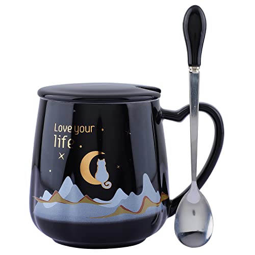 NYRWANA Coffee Mug, Mugs for Gift, Birthday Gift, Cups and Mugs, Ceramic Mug, Cute Mugs, Valentine Gift for Boyfriend, Love Your Life Mug with Lid & Spoon (420ml - Black)
