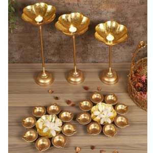 Image of Decorative Urli Bowl Tealight Holder Stand | Urli Stand Set of 3 for Decoration | Floating Diya Stand Home Decor Decorative Showpiece | Urli Bowl for Diwali and Pooja (Set of 3)