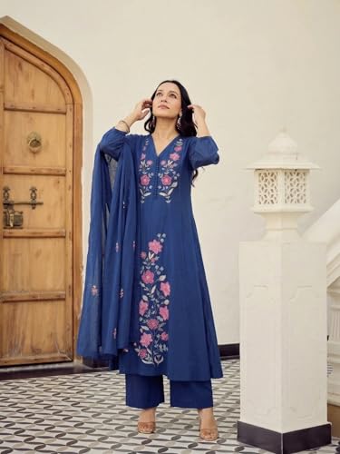 Image of ANNI Designer Kurta Set for Women Viscose Embroidered | Kurti Set for Woman | A Line Kurta Palazzo Dupatta 3 Piece Outfit | V Neck 3 /4 Sleeve Regular Fit Ethnic Dress Stylish Clothing